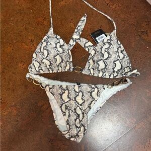 VIX AMALFI- Snakeskin Print Bikini Set with Gold Ring Accents. Brazilian bottom